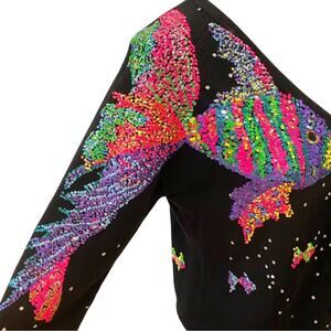 Vintage Sweater Small Y2K Cardigan Silk Michael Simon Fish Art Sequin Seascape